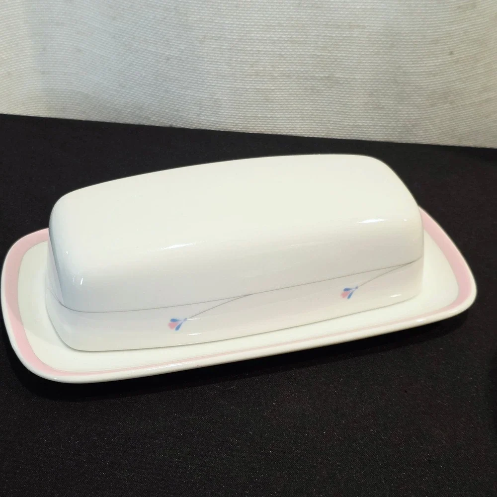 Vintage Signature Radiance Porcelain Butter Dish Pink Blue Floral Japan 80s